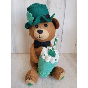 Lucky Lane felt teddy bear sitting St Patrick's Day clover drink shake bow
